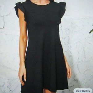 SHEIN Womens Ruffle Trim Black Flared Dress with ruffle cap sleeves Size Medium